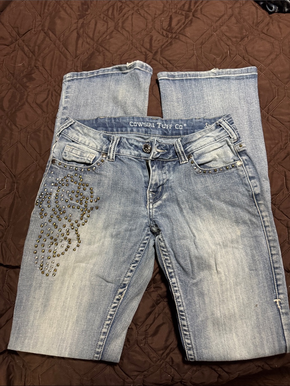 Cowgirl Tuff Light Blue Boot Cut Jeans with Stud Embellishment
